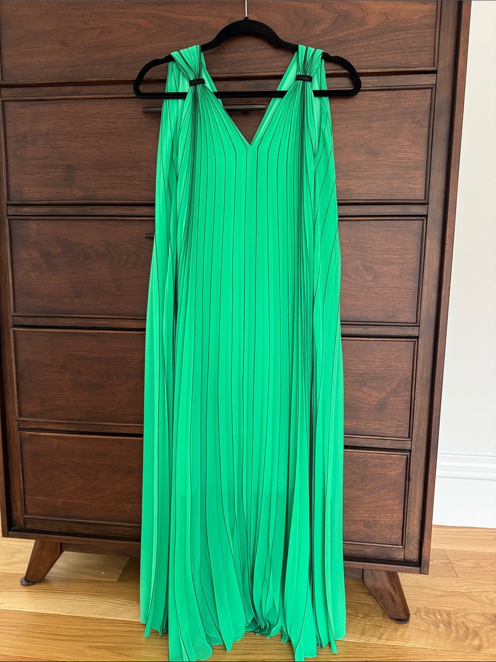 Escada Bright Green Pleated V-Neck Maxi Dress, 34